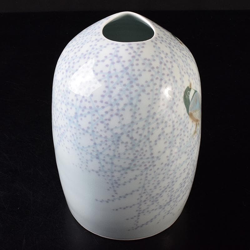 益子焼　室町勝廣作　彩象嵌　野鳥文　扁壷　共箱　M　R7930B