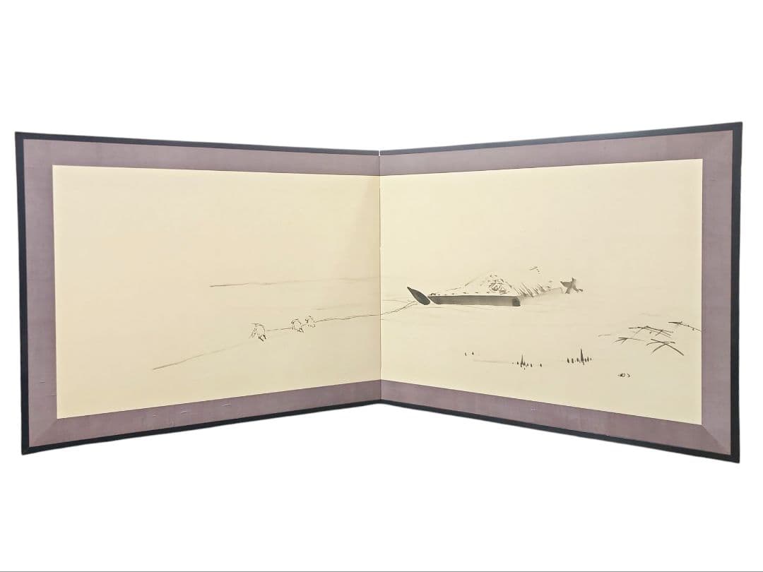 表千家 堀内宗心(兼中斎)画『白張 黒塗縁 曳舟画 風炉先屏風』共板 紙箱