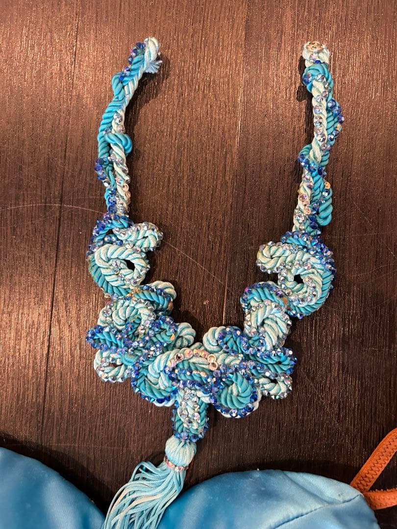 青のサテン社交ダンスレッスンウェア