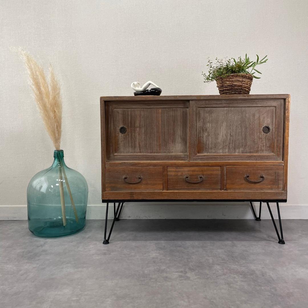 ヴィンテージ 無垢材 ローボード アイアン脚 引き出し テレビ台 ローチェスト
