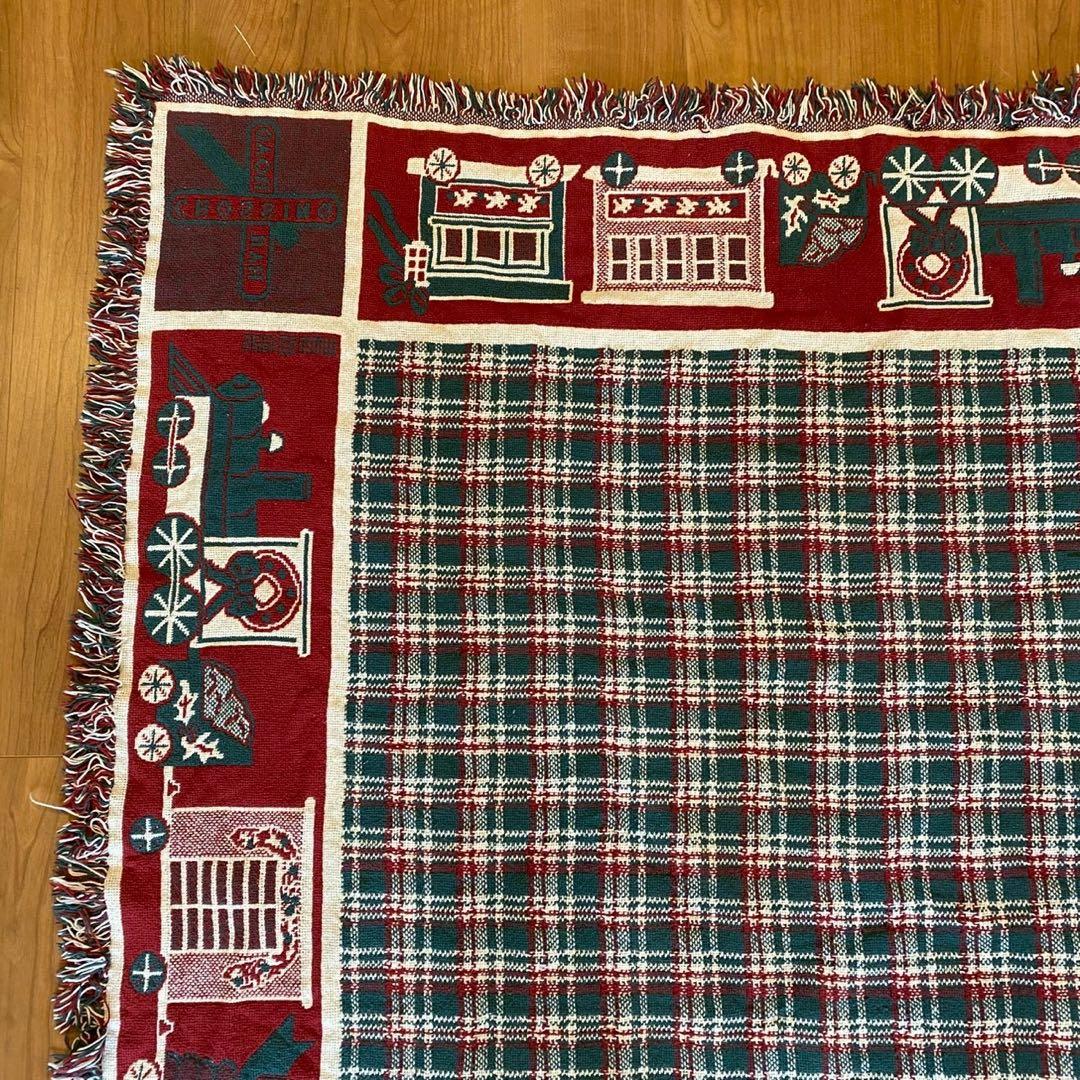 ヴィンテージ ゴブラン織り ラグ トレイン柄 両面配色 160×114 チェック