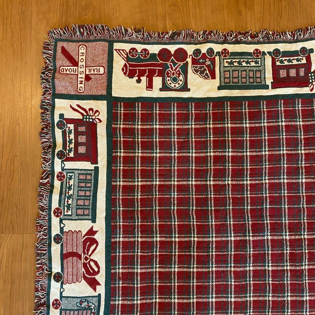 ヴィンテージ ゴブラン織り ラグ トレイン柄 両面配色 160×114 チェック