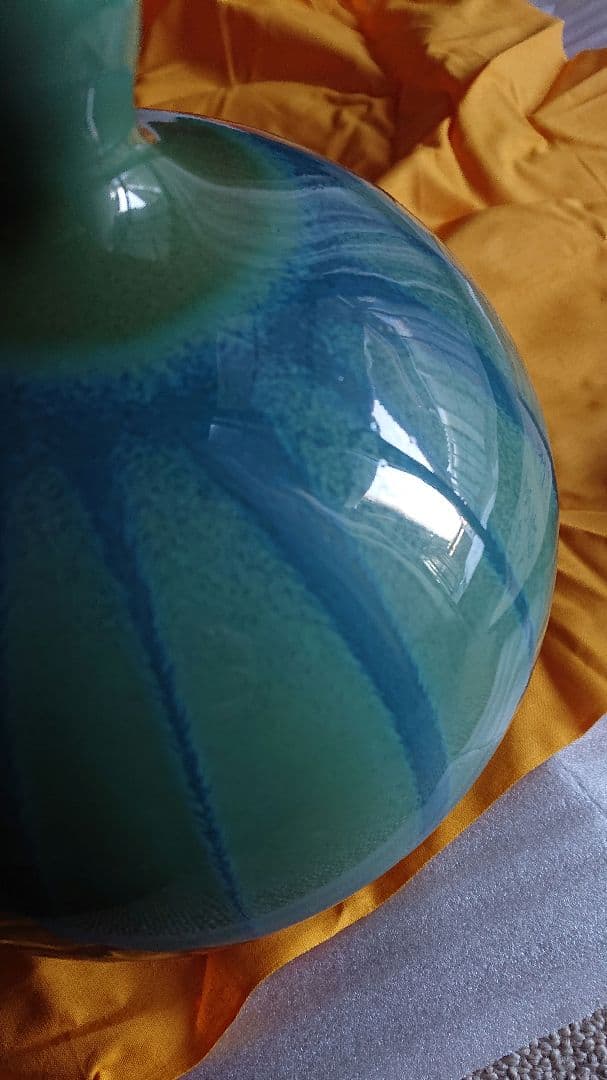 花器 緑釉線紋 小杉焼 池上栄一 氏作 共箱入