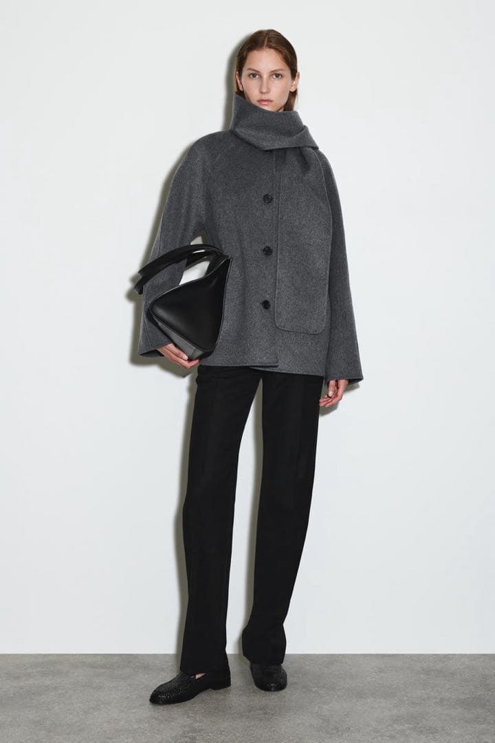 【完売】COS 2025ダブルフェイス ウール スカーフコートグレー XXS