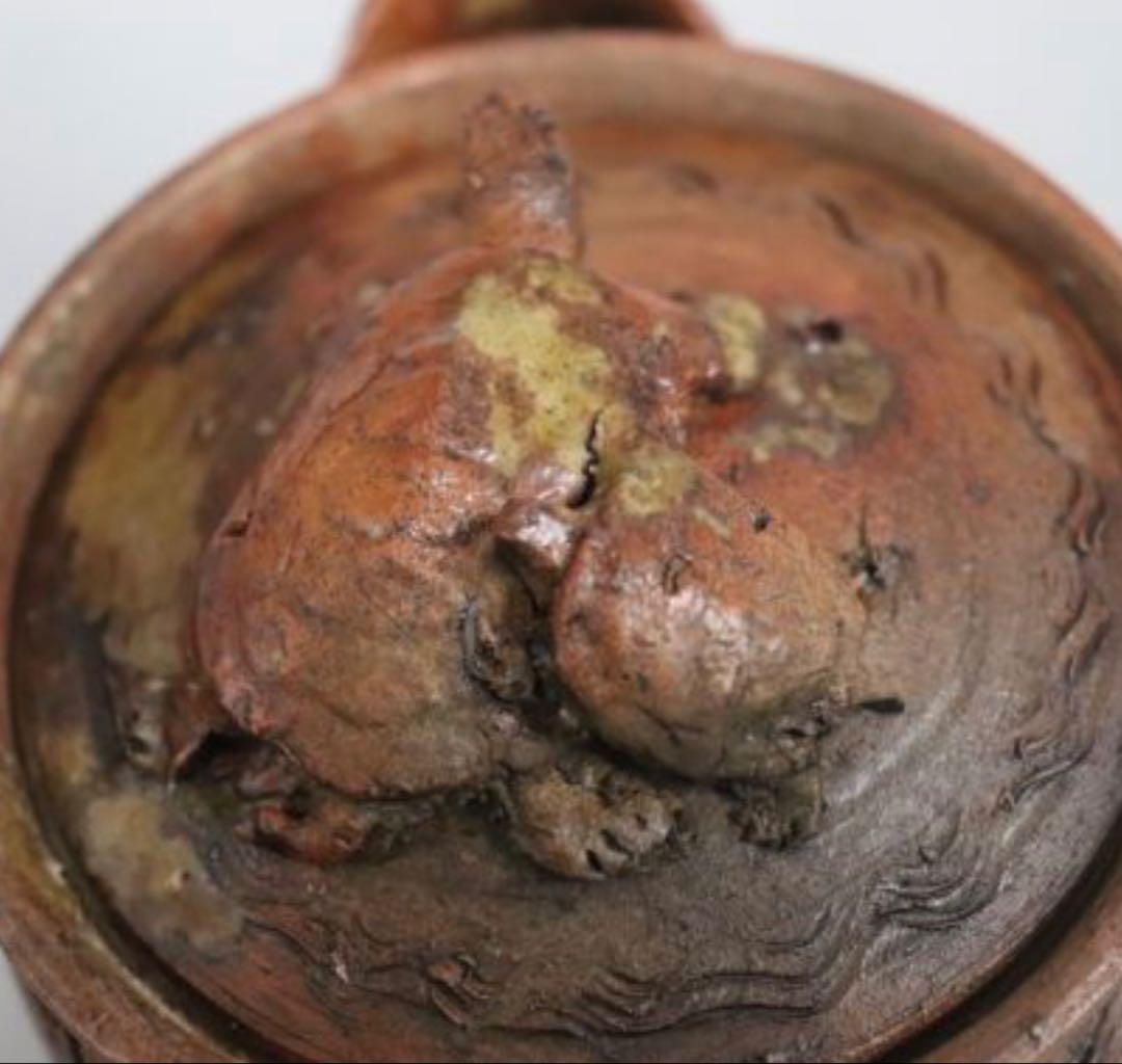 カセ赤秞備前焼名工岡安宮山人作備前陶器亀摘手造宝瓶長寿母子亀