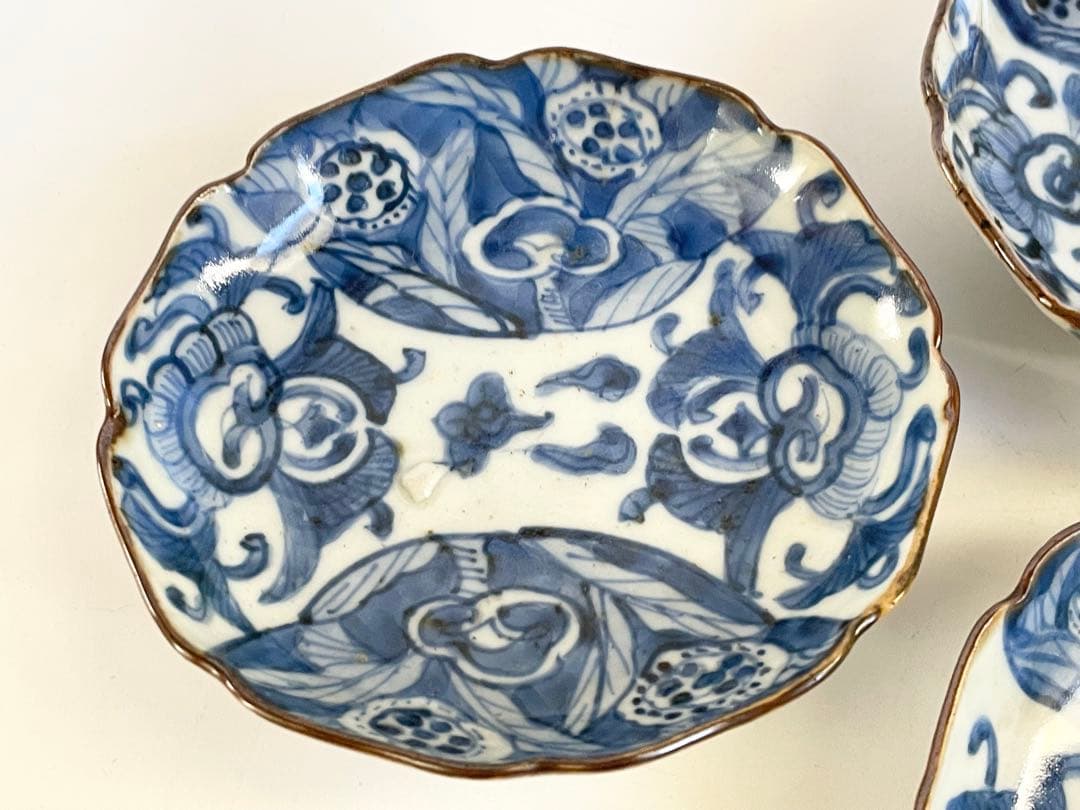 骨董　アンティーク　古伊万里　染付　柘榴文　小皿　輪花皿　3枚　大明弘治年製