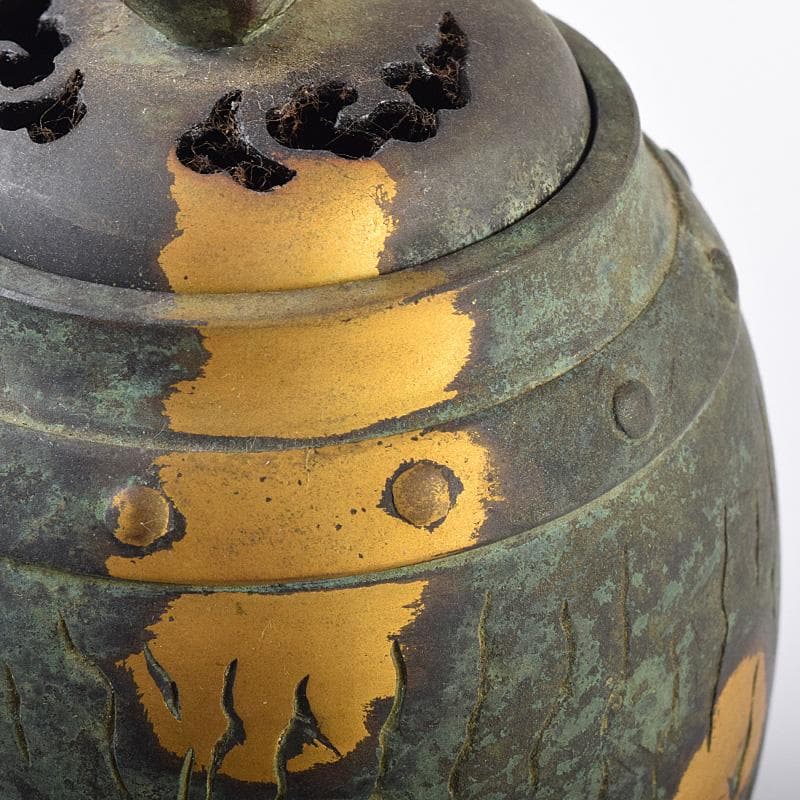 平安　秦蔵六造　鍍金銅　諌鼓　香炉　共箱　T R8037