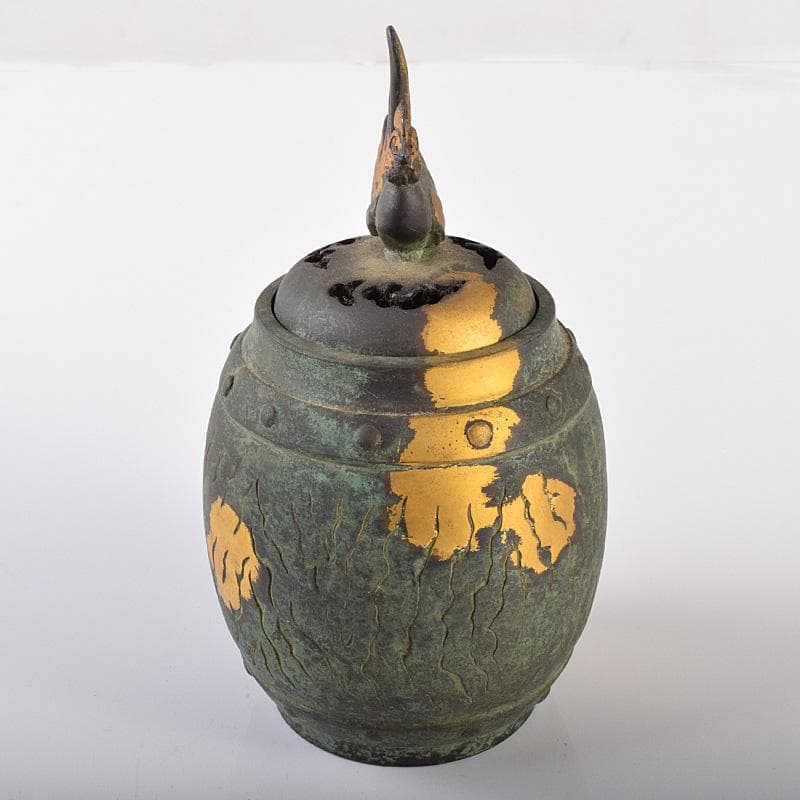 平安　秦蔵六造　鍍金銅　諌鼓　香炉　共箱　T R8037