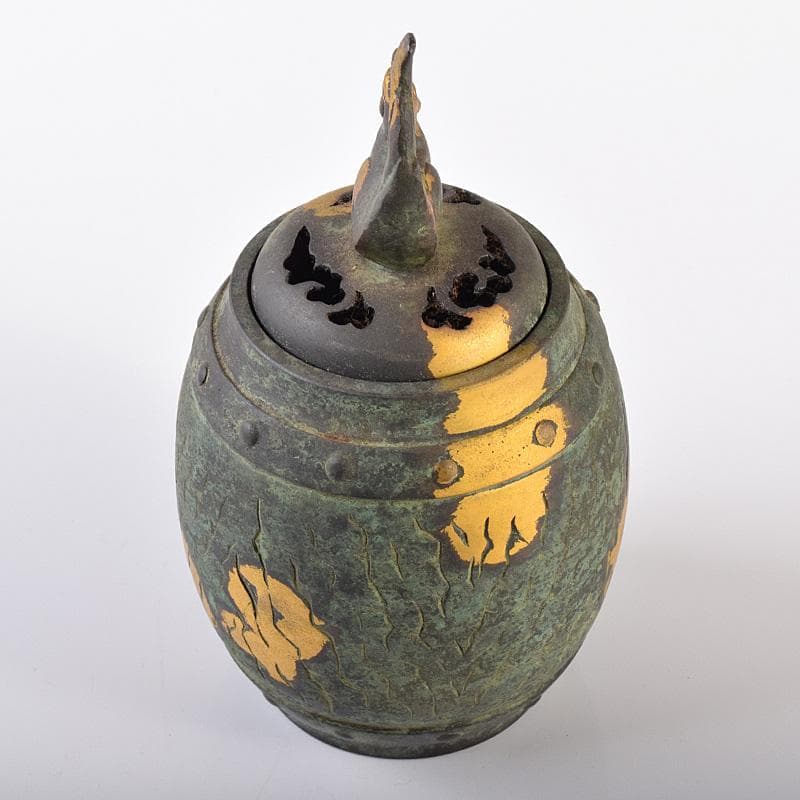 平安　秦蔵六造　鍍金銅　諌鼓　香炉　共箱　T R8037