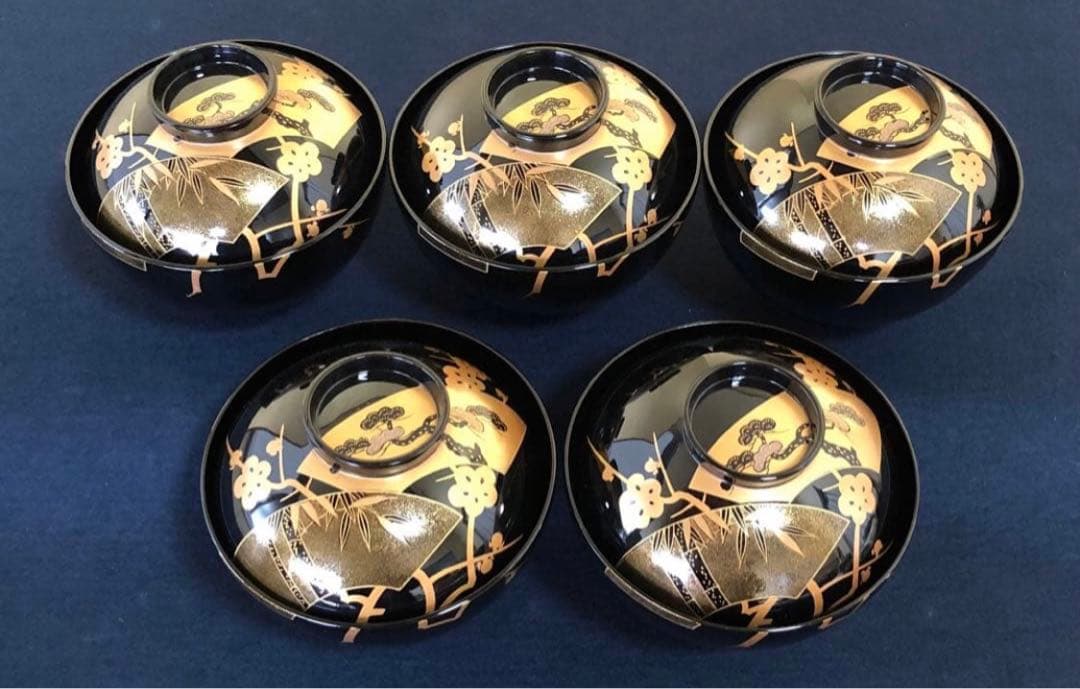 《R》輪島塗 黒塗 蒔絵付 吸物椀5客 木製漆器 木箱　260107か5