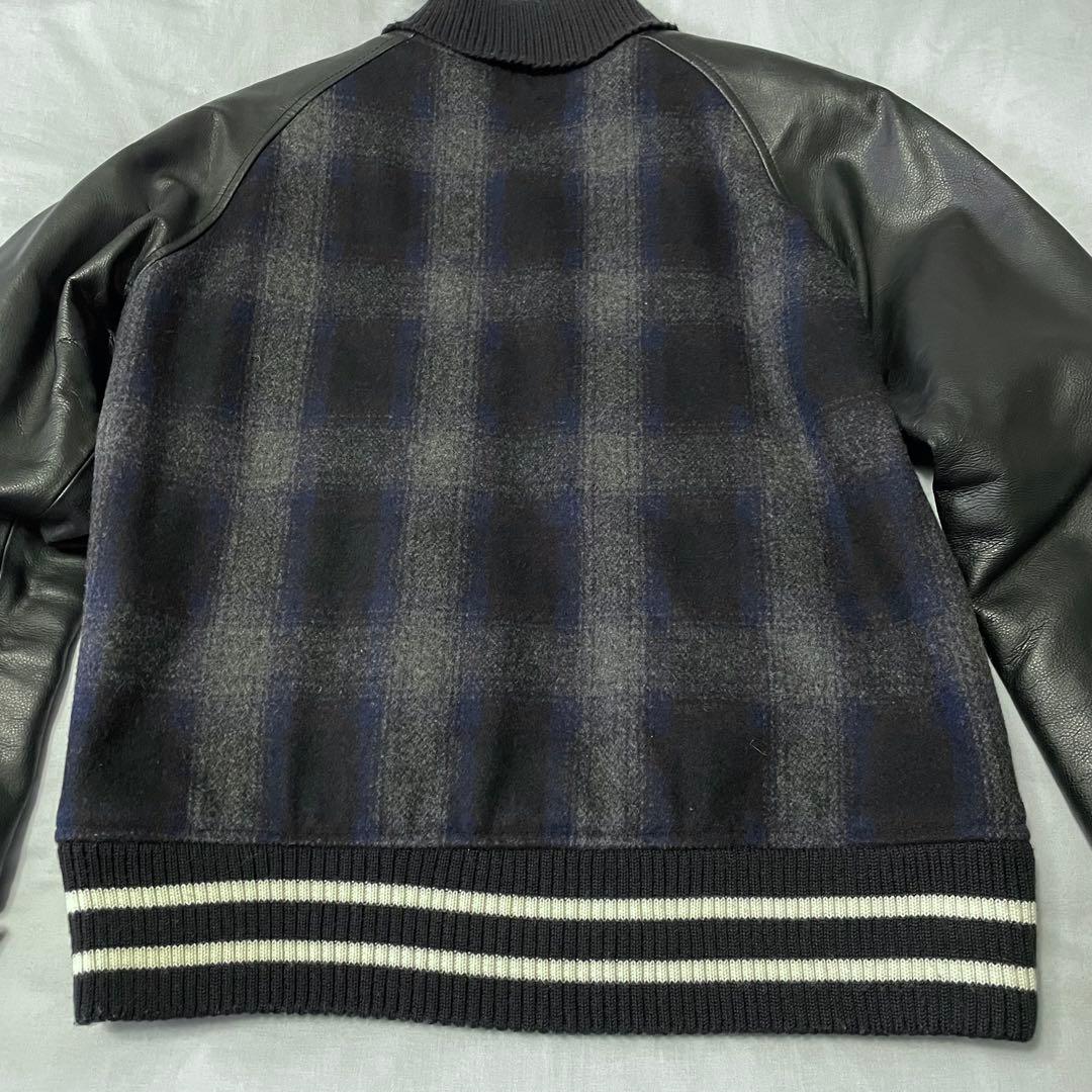 challenger スタジャン　レザー切り替え　オンブレチェック　紺　Mサイズ