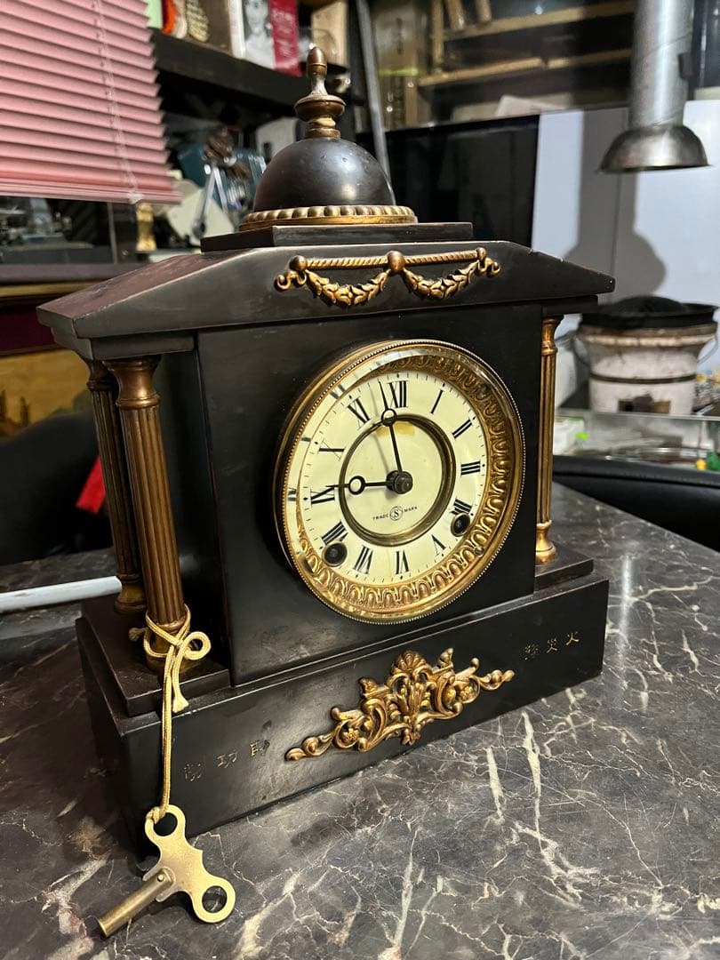 アンティーク置き時計、精工舎鉄製置き時計、14K使用、ゼンマイ置き時計、置時計