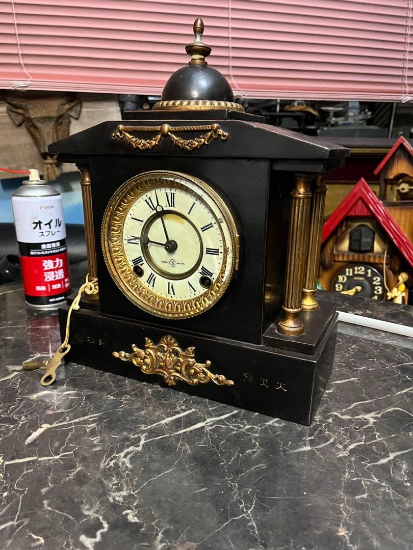 アンティーク置き時計、精工舎鉄製置き時計、14K使用、ゼンマイ置き時計、置時計