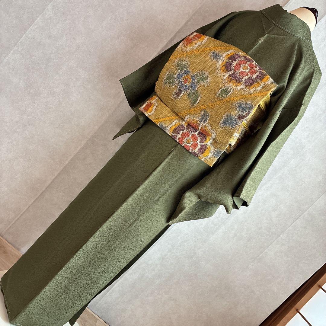 色無地　フルセット　着物　正絹　しつけ付き　ロング丈　灰緑　卒業式　入学式　J6