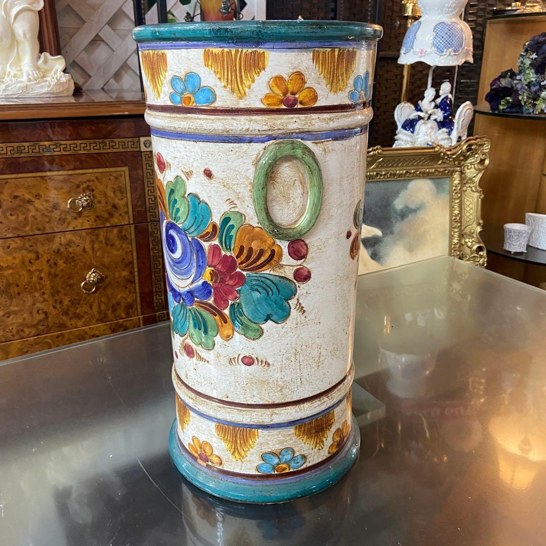 陶器　傘立て　ヴィンテージ　ハンドペイント　明るい花柄　イタリア