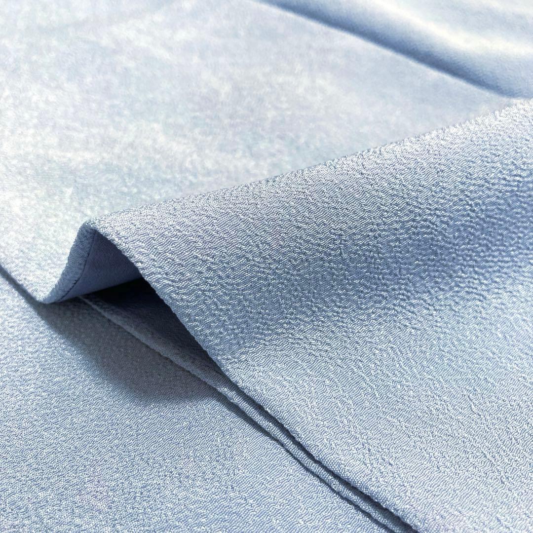 【良品✨】東レシルック　洗える着物　色無地　水色　紋付　縮緬　手縫い仕立て　O2