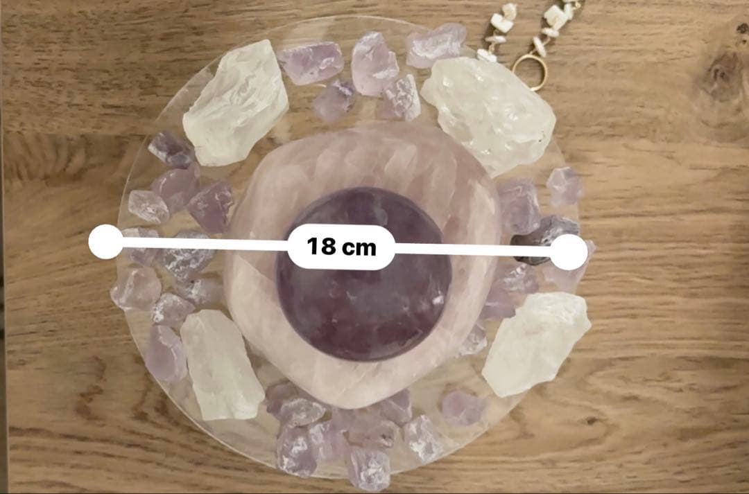 クリスタルファウンテン大アメジストとローズクォーツガラスの器と陶器の器2つ付き