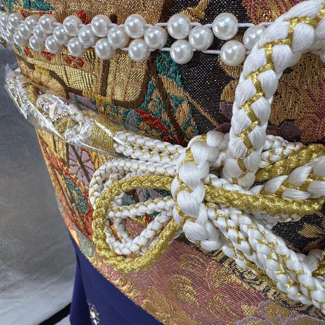 振袖10点フルセット　古典柄　ネイビー　成人式　結婚式　つけ袖白レース付　正絹