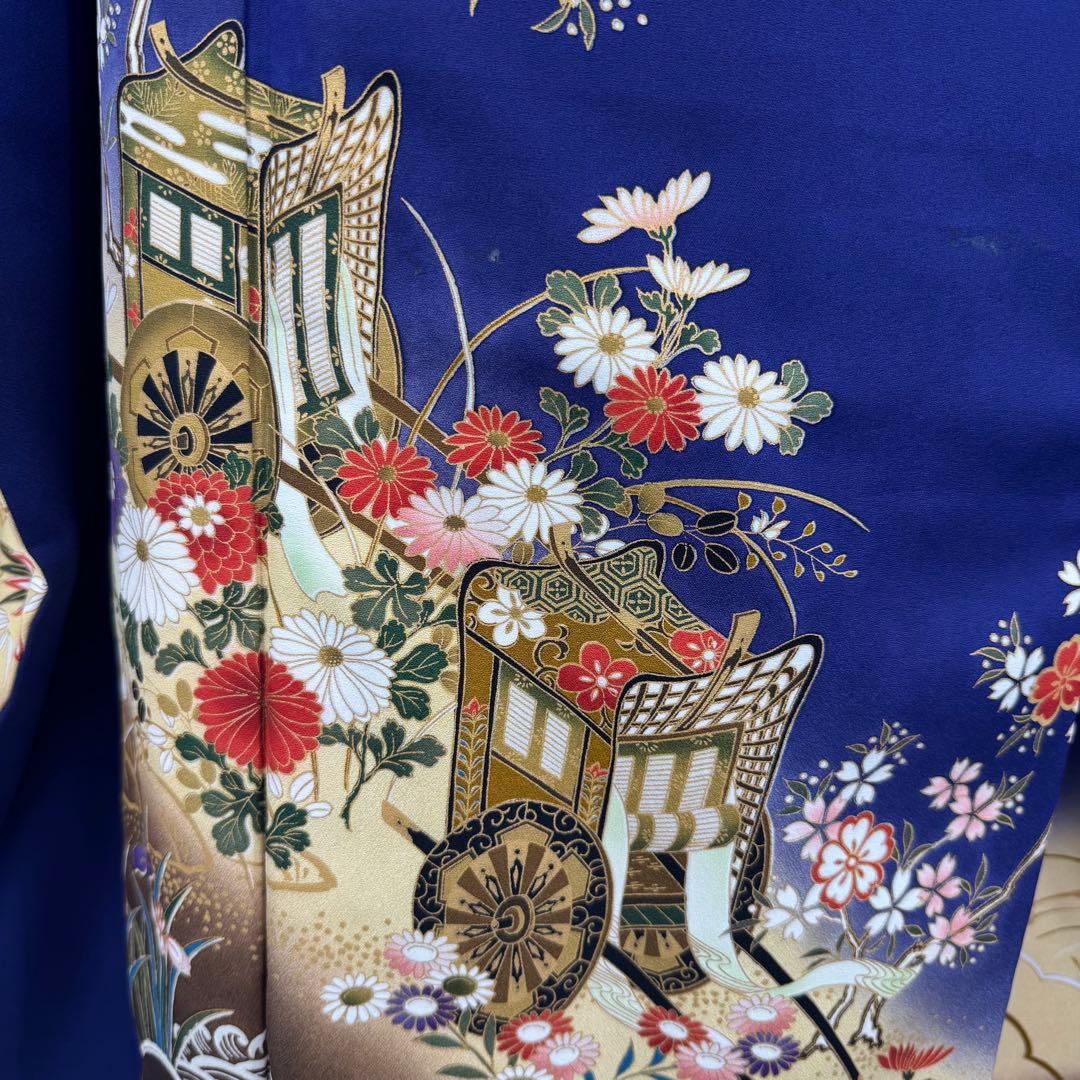 振袖10点フルセット　古典柄　ネイビー　成人式　結婚式　つけ袖白レース付　正絹