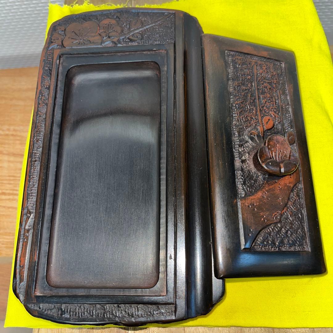 ⭕️赤間硯　共蓋付梅花彫刻硯　阿野硯製作所　龍泉作　美品　墨持ち良い