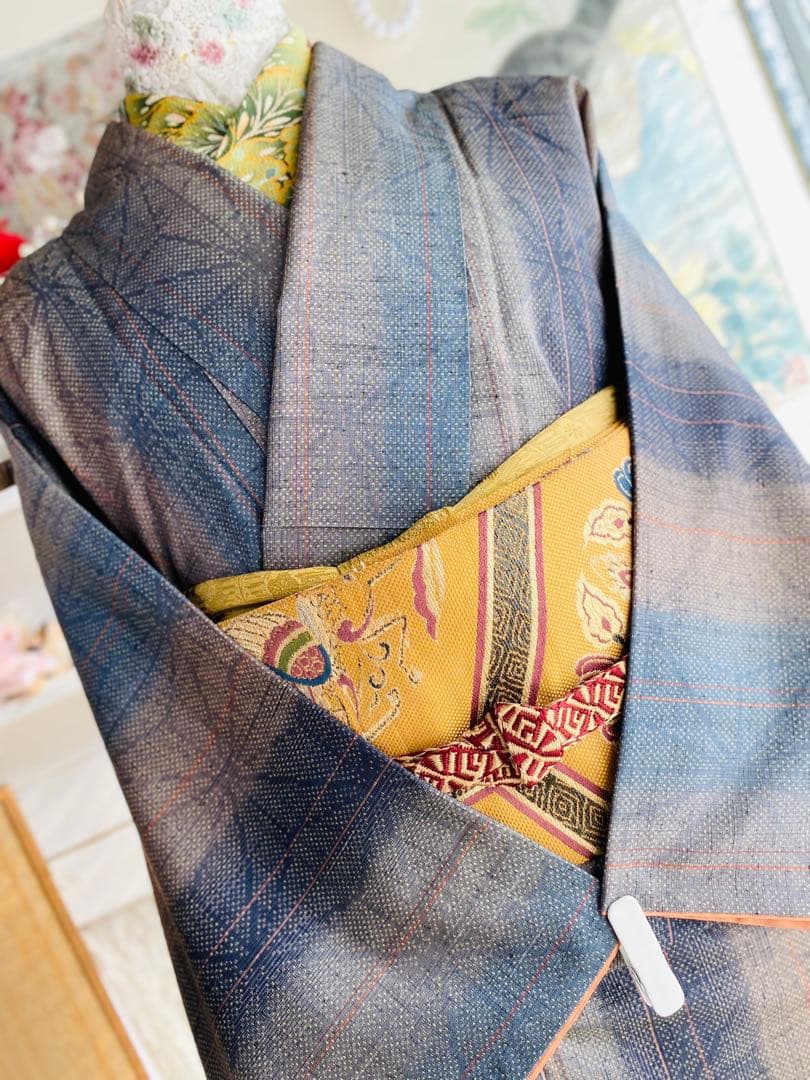 高級 石毛結城紬 正絹 麻の葉 かつお縞