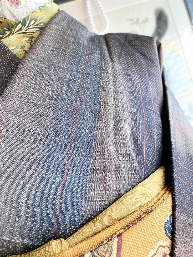 高級 石毛結城紬 正絹 麻の葉 かつお縞