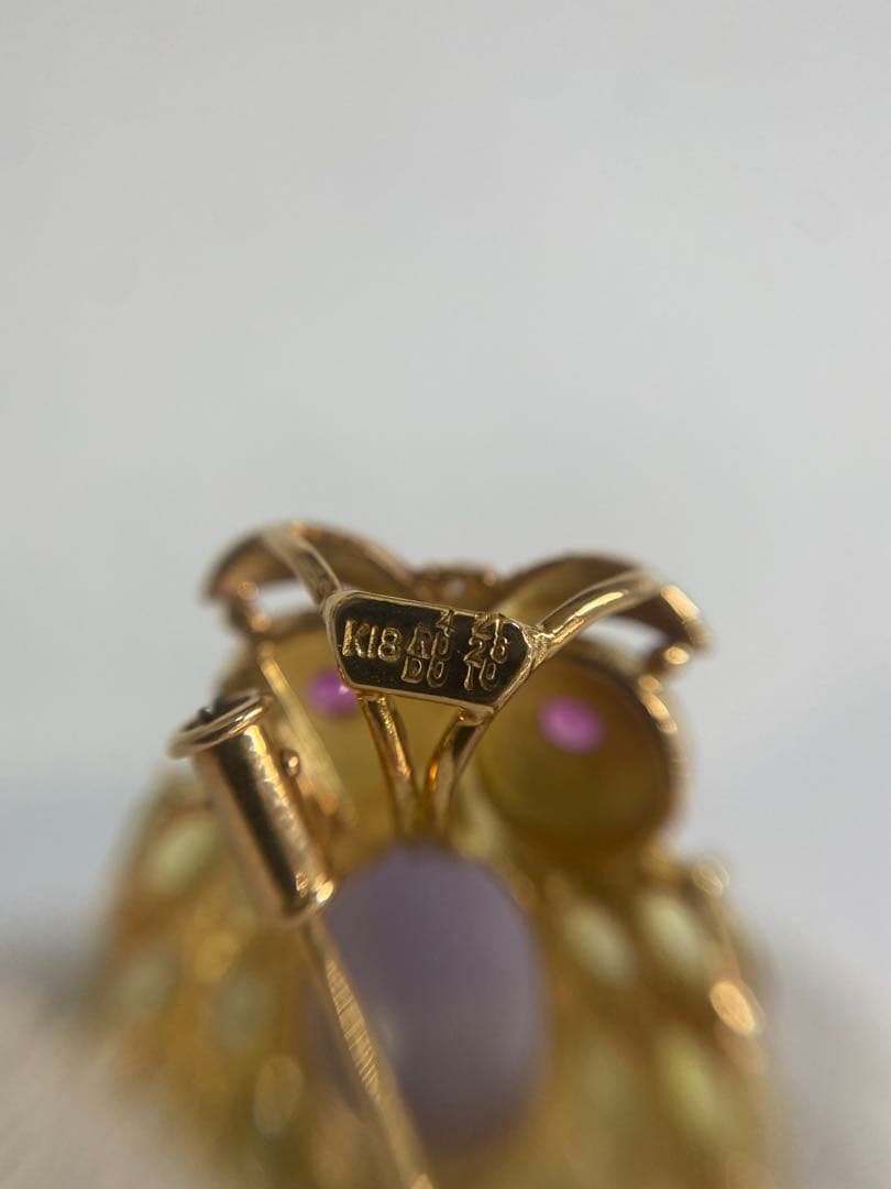 K18 フクロウ　ブローチ　翡翠4.21ct R0.26ct、D0.1ct