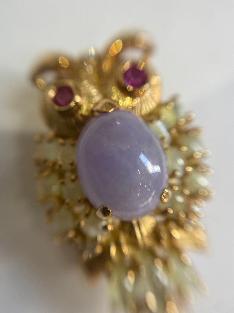 K18 フクロウ　ブローチ　翡翠4.21ct R0.26ct、D0.1ct