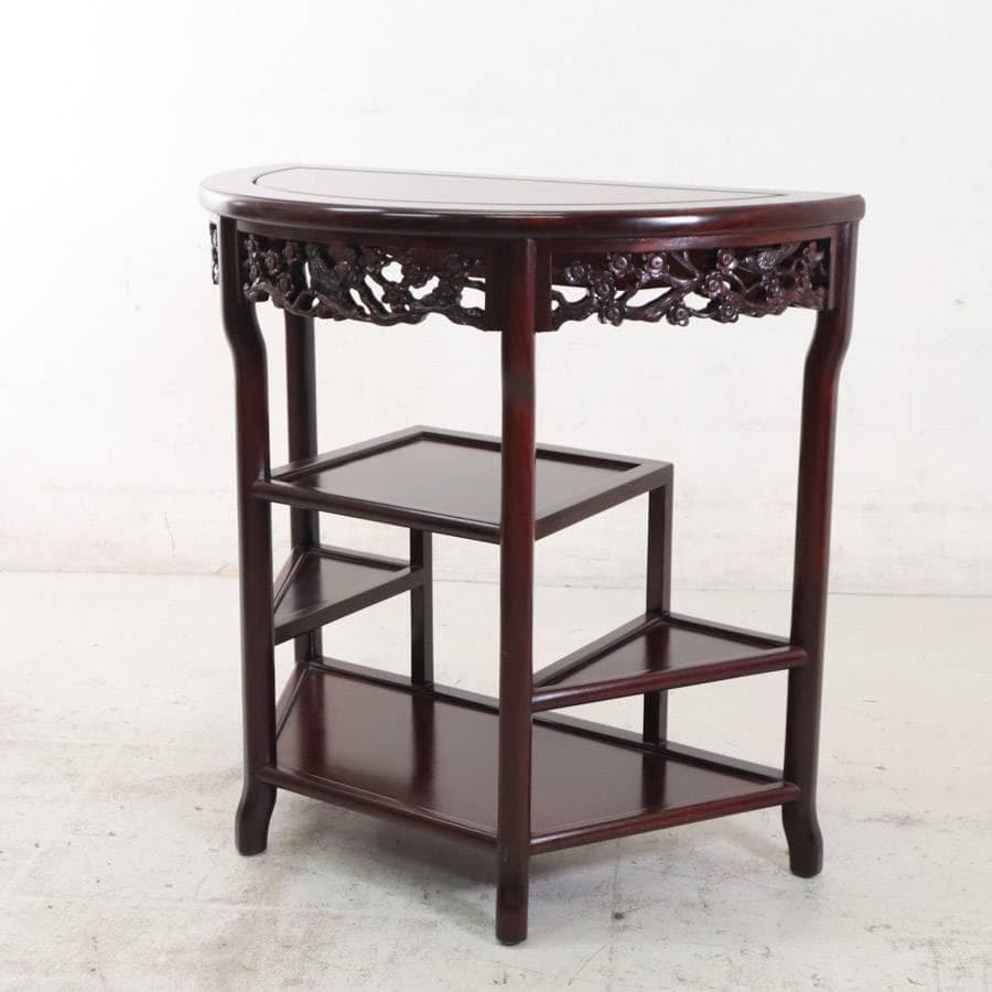 値下げ 銘木 唐木 花梨無垢 花鳥透かし彫り 違い棚 ハーフムーンコンソール