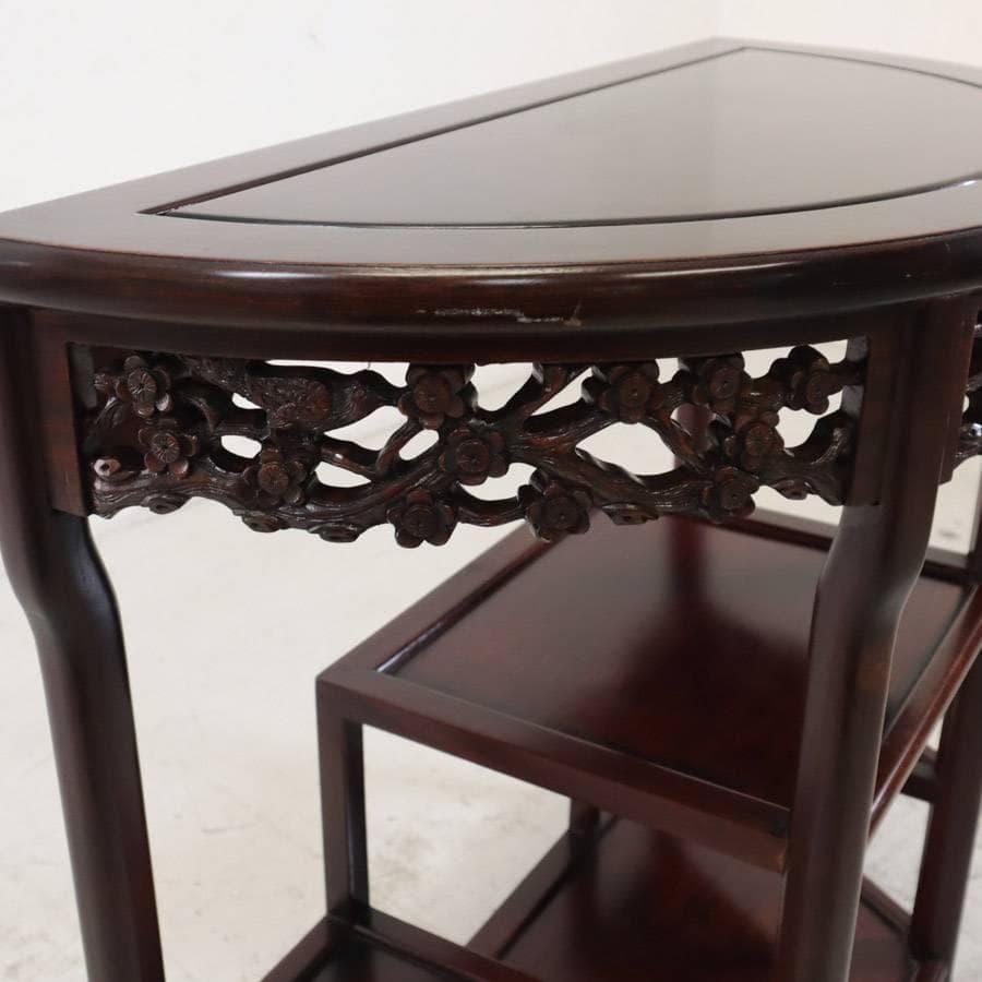 値下げ 銘木 唐木 花梨無垢 花鳥透かし彫り 違い棚 ハーフムーンコンソール