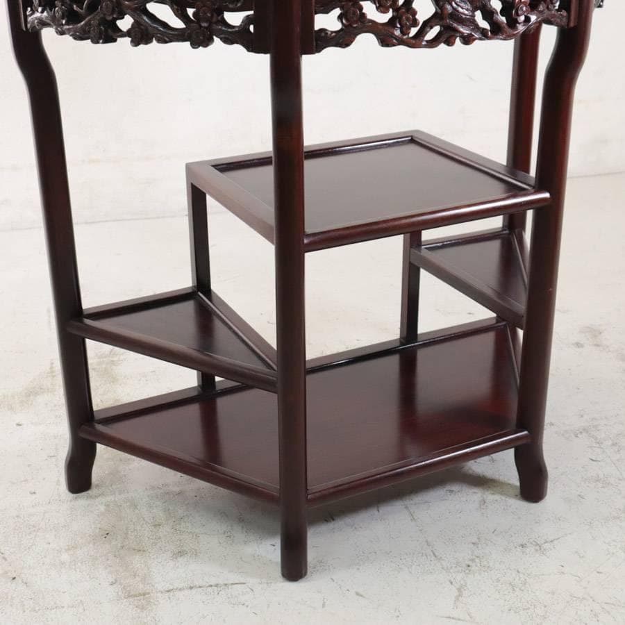 値下げ 銘木 唐木 花梨無垢 花鳥透かし彫り 違い棚 ハーフムーンコンソール