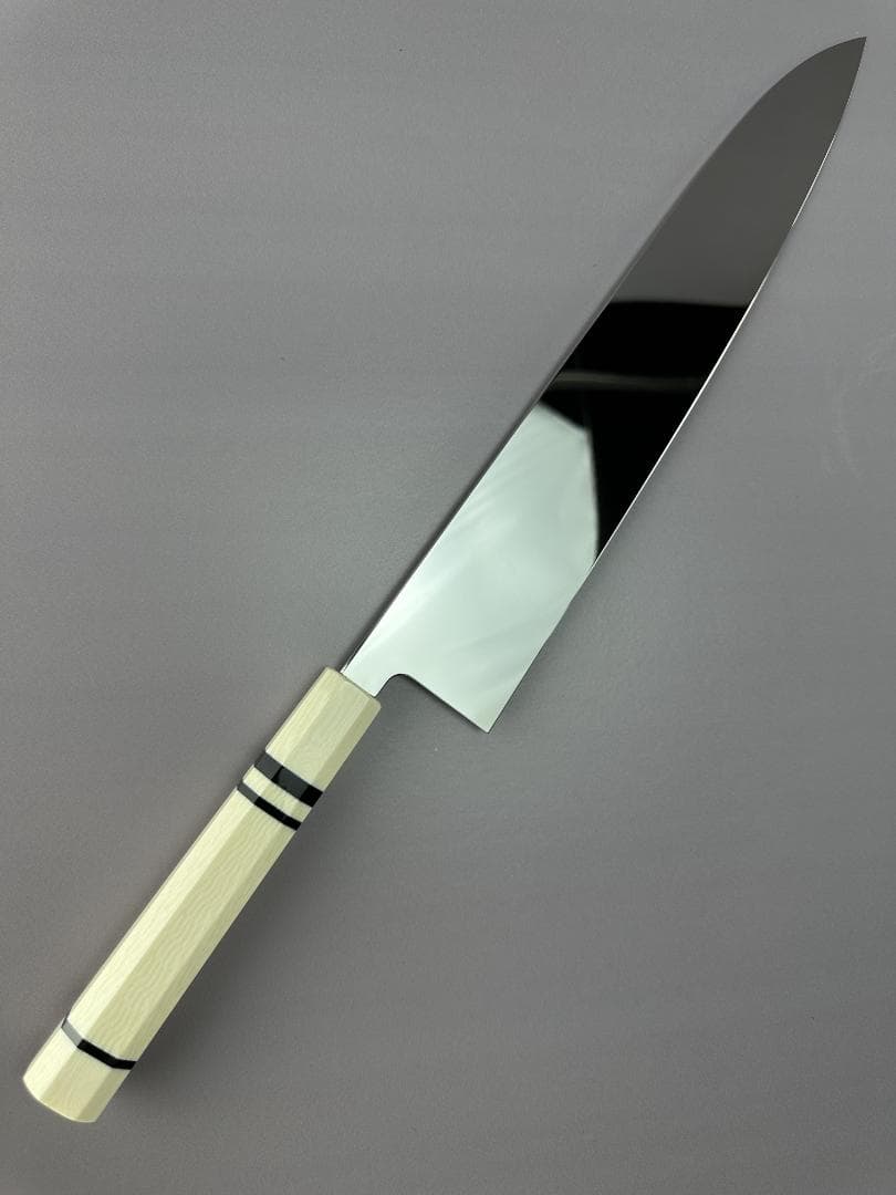 5520 特大牛刀 尺一 ウルトラ鏡面仕上げ 刺身包丁 人工象牙黒三本巻八角柄