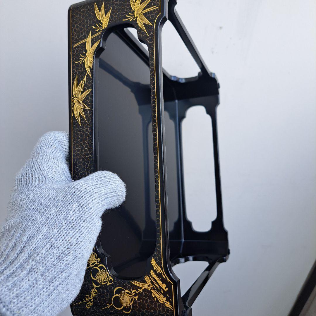 専用品【輪島塗　7.5寸\"2段重箱&重箱台】布着本堅地　沈金\"四君子　未使用品