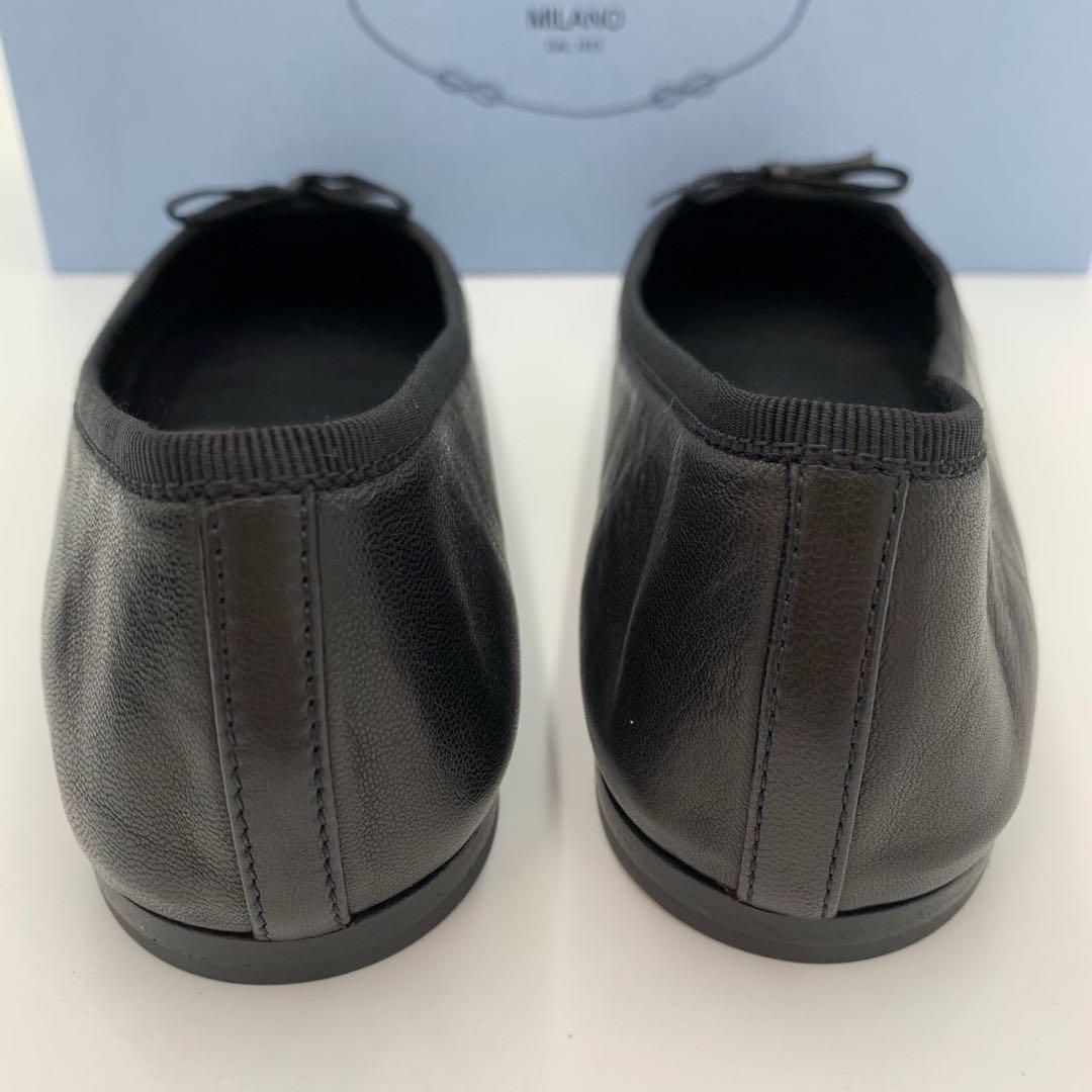 極美品 プラダ 三角ロゴ バレエシューズ パンプス リボン ナッパレザー 箱付き