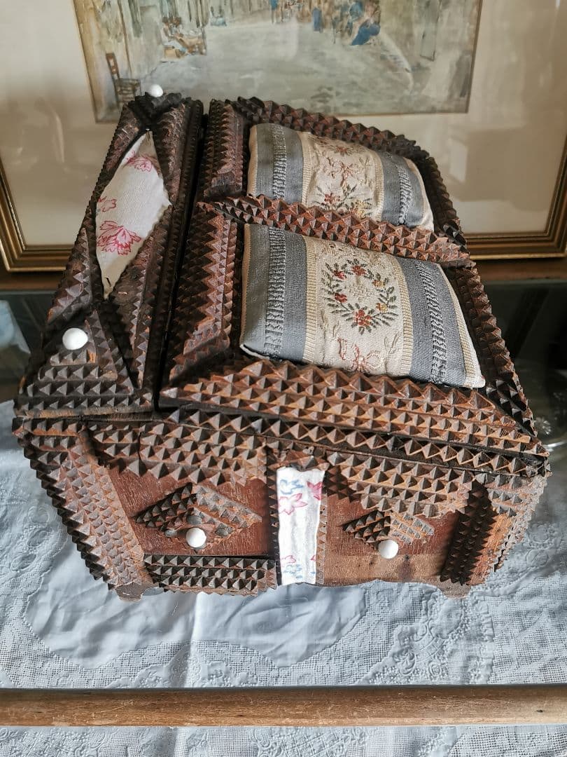 アンティーク トランプアート 木工レース細工ボックス 針箱 フレンチファブリック