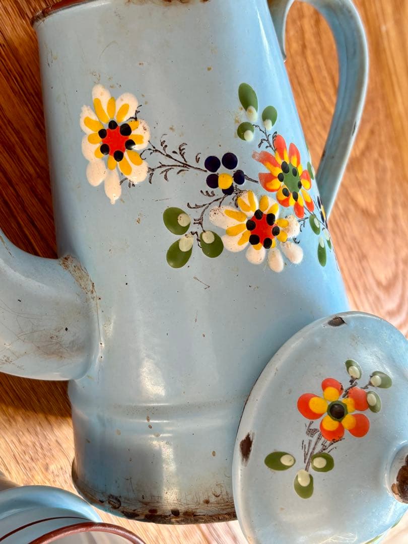 フランスアンティーク ホーローコーヒーポット ブルー 手描きのお花