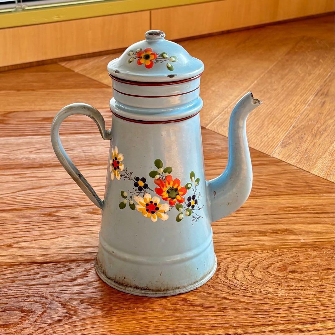フランスアンティーク ホーローコーヒーポット ブルー 手描きのお花