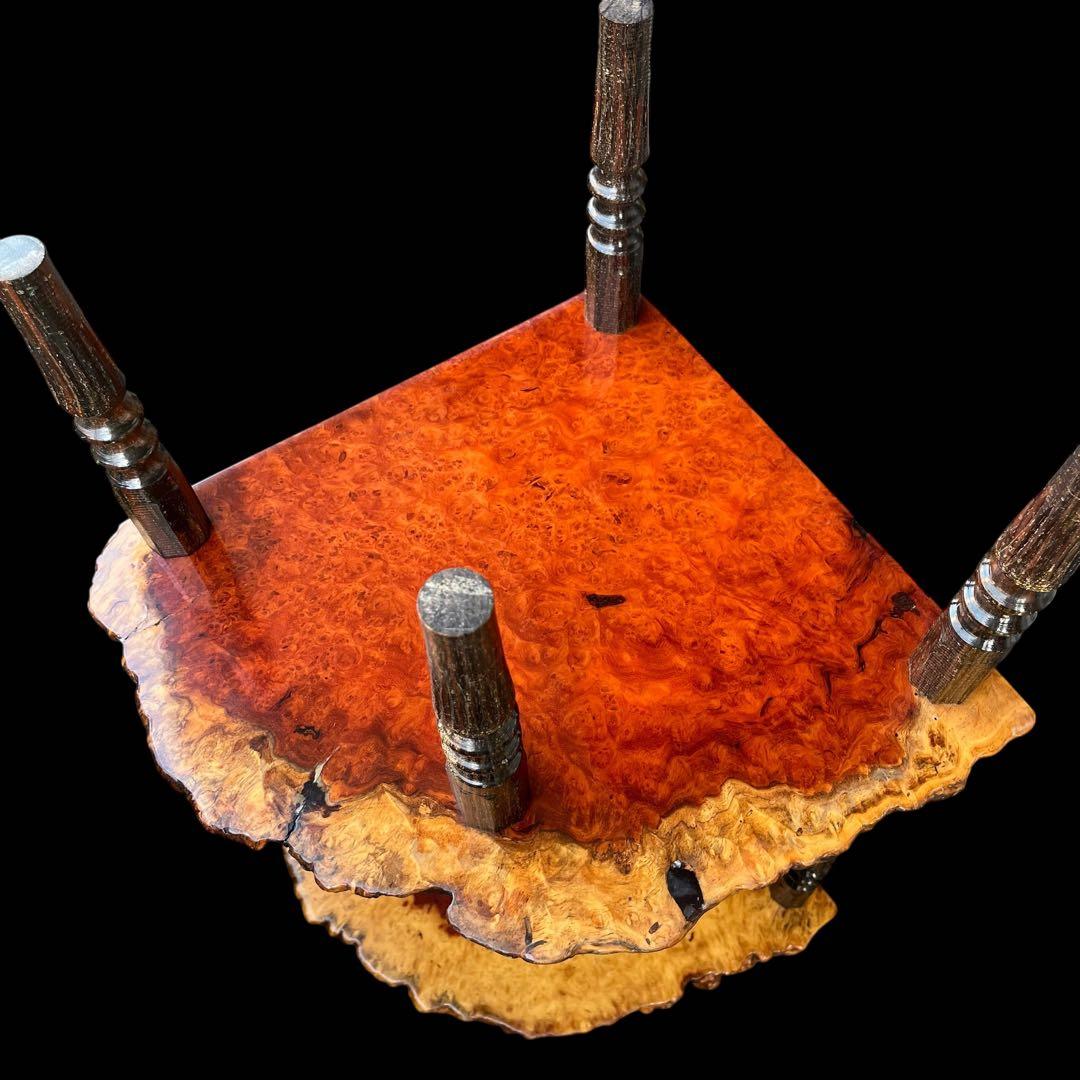 【花梨】唐木 カリン材 玉杢瘤棚 2段棚 高級銘木 コーナーラック 飾り台 花台