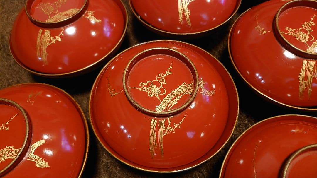 輪島塗　漆器　沈金　 梅鶯の図　蓋椀　菓子椀　蔵出し　10客