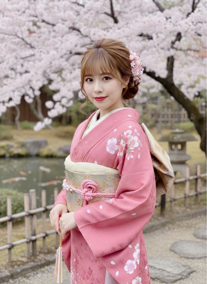 美品正絹振袖　帯締め　大輪桜　ピンク　上品なデザイン　トールサイズ