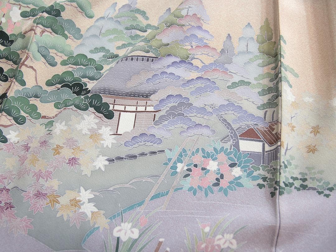 未使用　友禅柄　160cm　Mサイズ　灰水色　正絹色留袖　a919