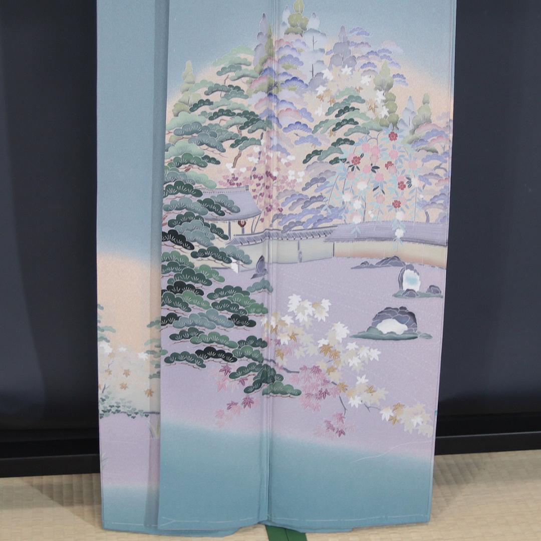 未使用　友禅柄　160cm　Mサイズ　灰水色　正絹色留袖　a919