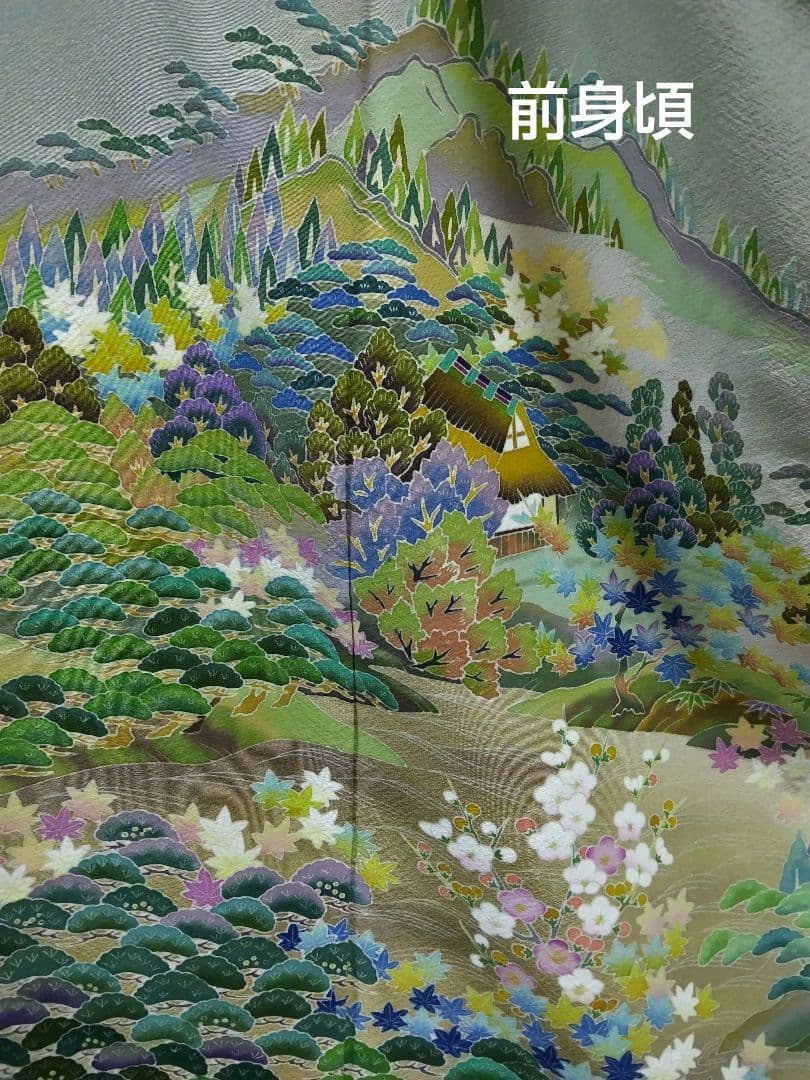 T-302 色留袖 京加賀友禅 一つ紋 袷 樹木 家屋 暈し 落款 美品