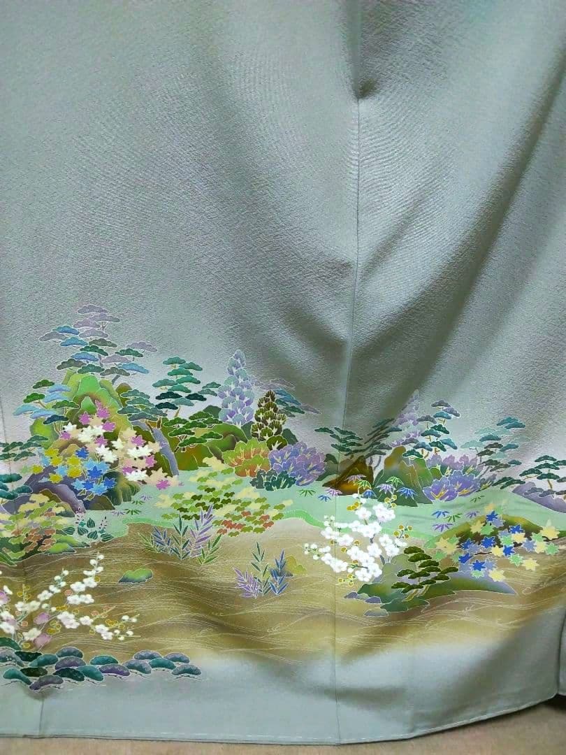 T-302 色留袖 京加賀友禅 一つ紋 袷 樹木 家屋 暈し 落款 美品