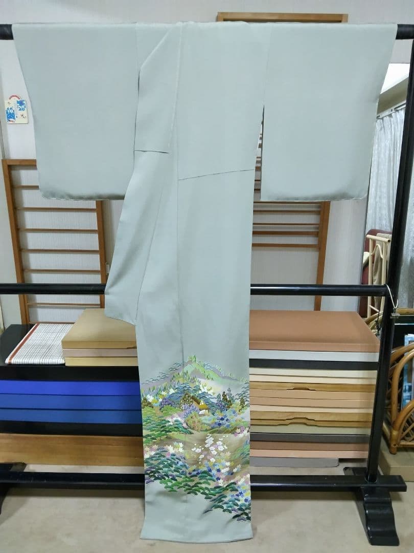T-302 色留袖 京加賀友禅 一つ紋 袷 樹木 家屋 暈し 落款 美品