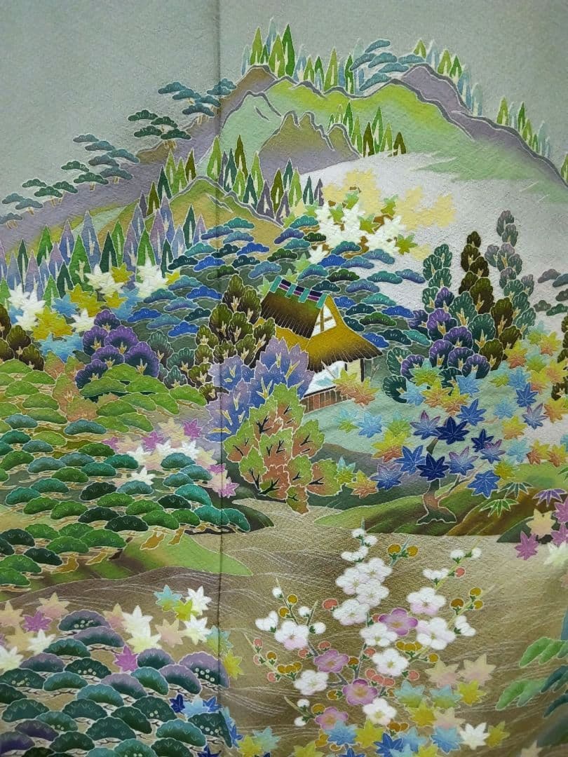 T-302 色留袖 京加賀友禅 一つ紋 袷 樹木 家屋 暈し 落款 美品