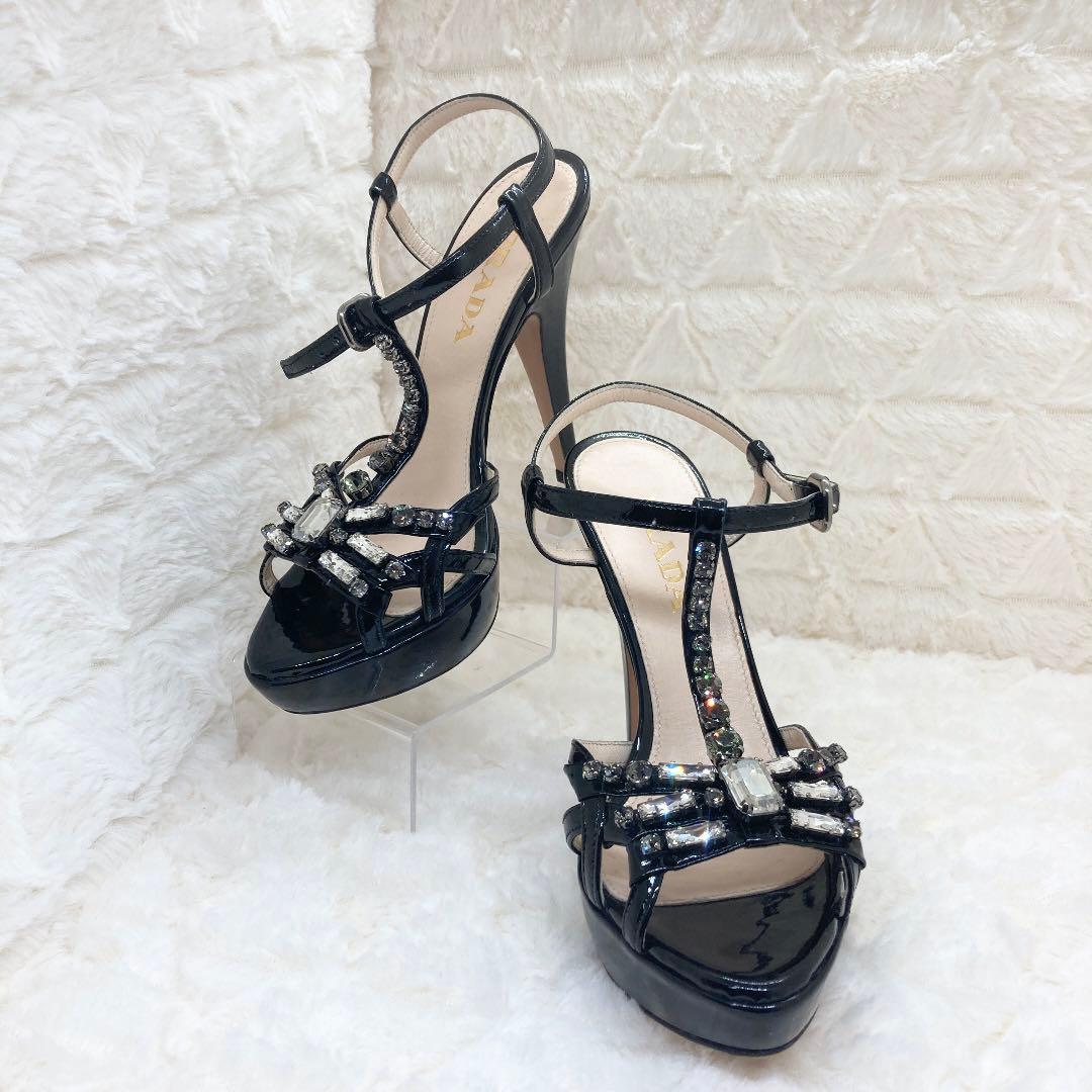 【美品♡】プラダ　22 パンプス　エナメル　ブラック　ビジュー　箱　保存袋付き