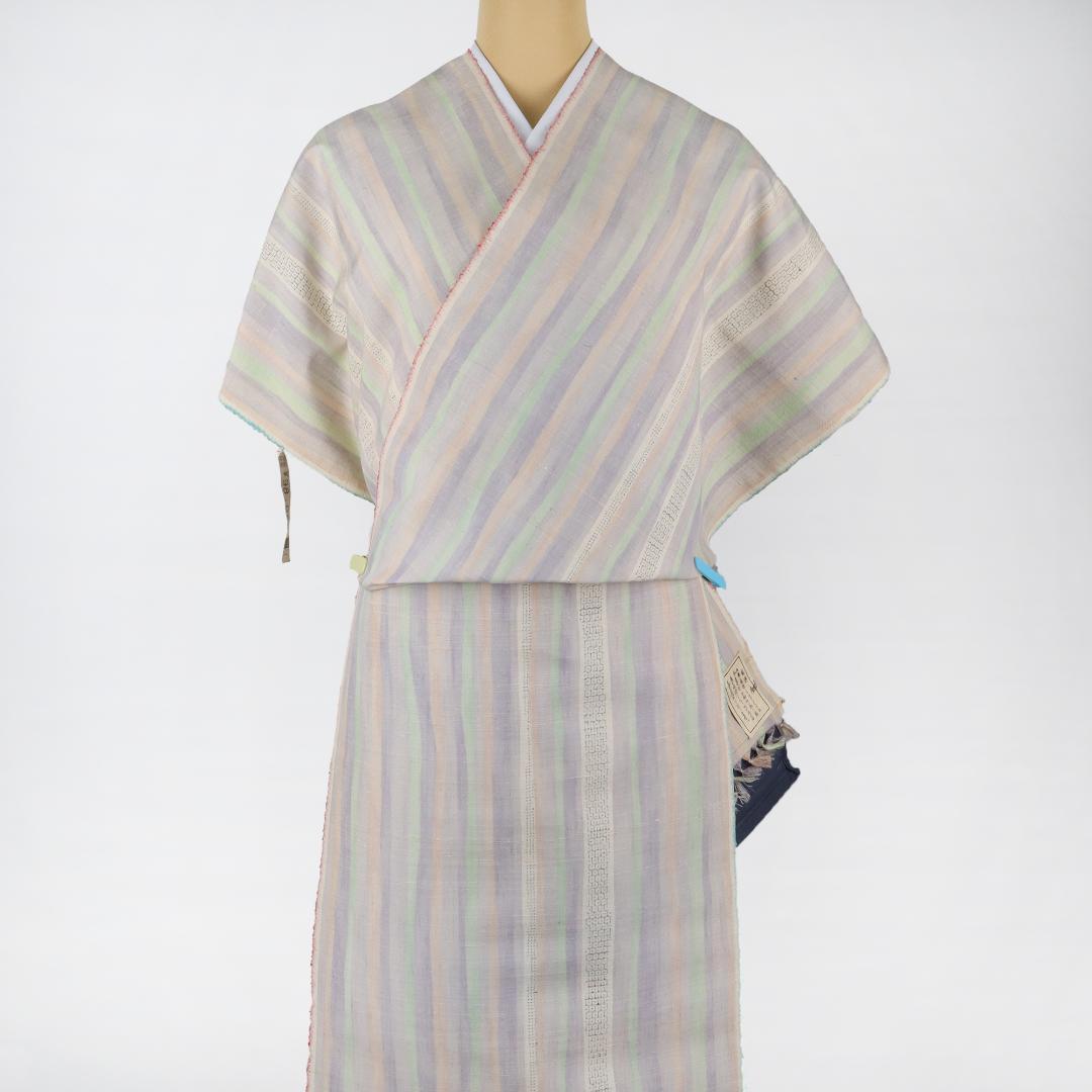 2887★手織　本場越後紬　いしくら 紬★パステル　ストライプ★反物★
