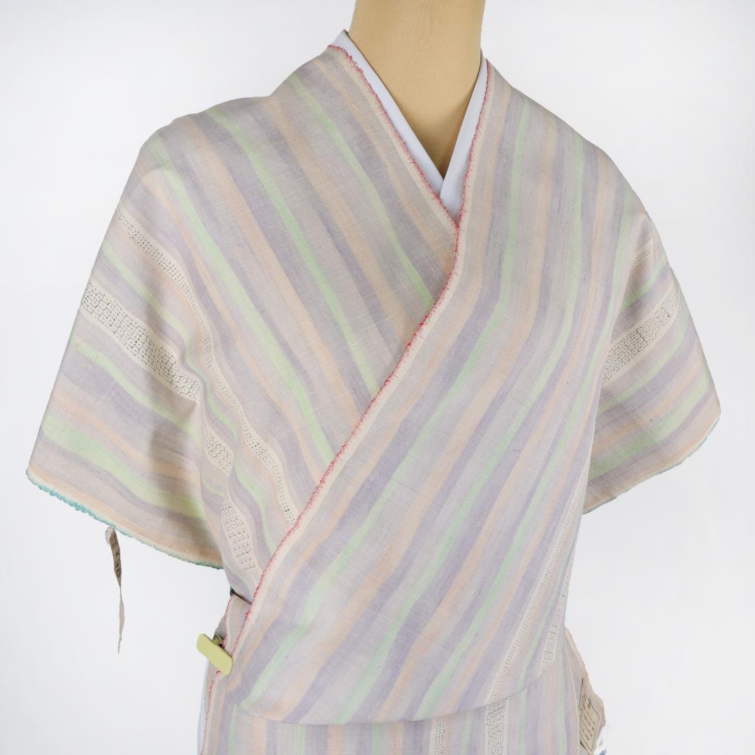 2887★手織　本場越後紬　いしくら 紬★パステル　ストライプ★反物★