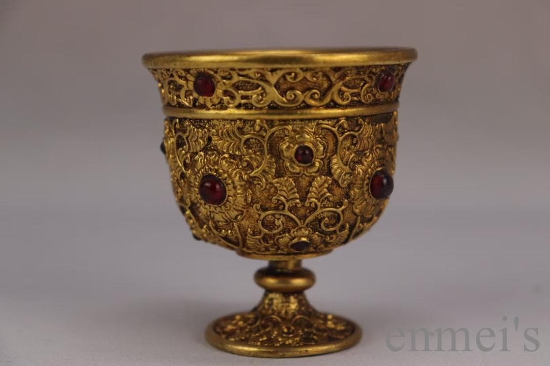 中国古美術 旧蔵清代 鍍金銅酒杯 嵌宝石酒器 精銅製 鍍金 文房 酒具 純手作り